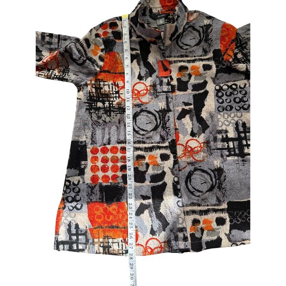 Ali Miles Womens Tunic Button-Up Abstract Print Gray Orange White Top Art Size M - Picture 6 of 8